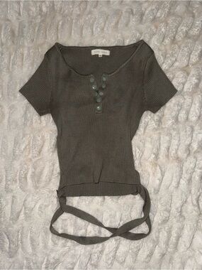 Buckle Olive Ribbed Henley Crop Top with Waist Ties